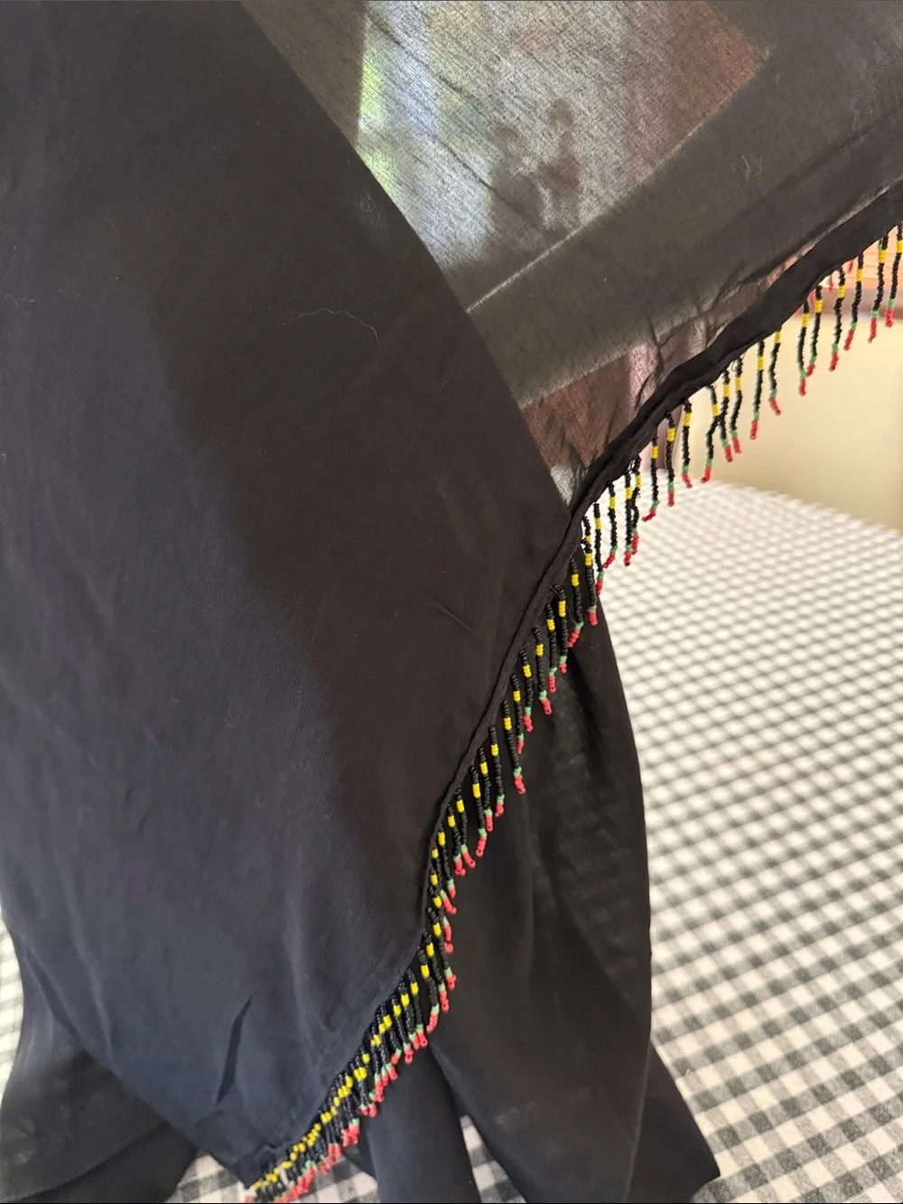 Black Lightweight Fringe-Trim Shawl with Multicolor Bead Detail